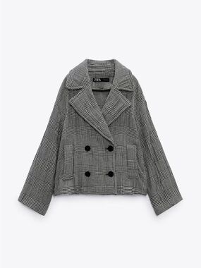 Zara Plaid Cropped Double Breasted Jacket Houndstooth XS NWT